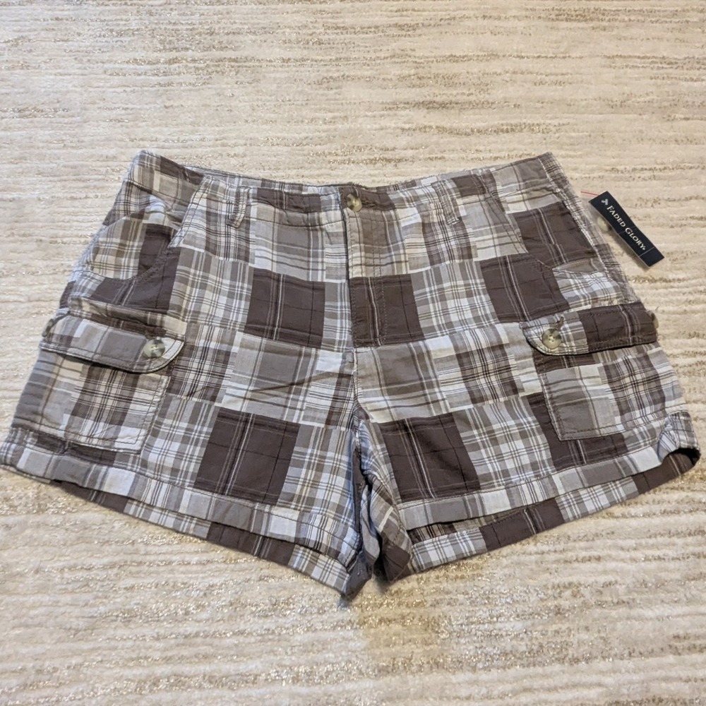Faded Glory Cargo Shorts Womens 16 Brown Patchwork Plaid Madras Utility Gorpcore